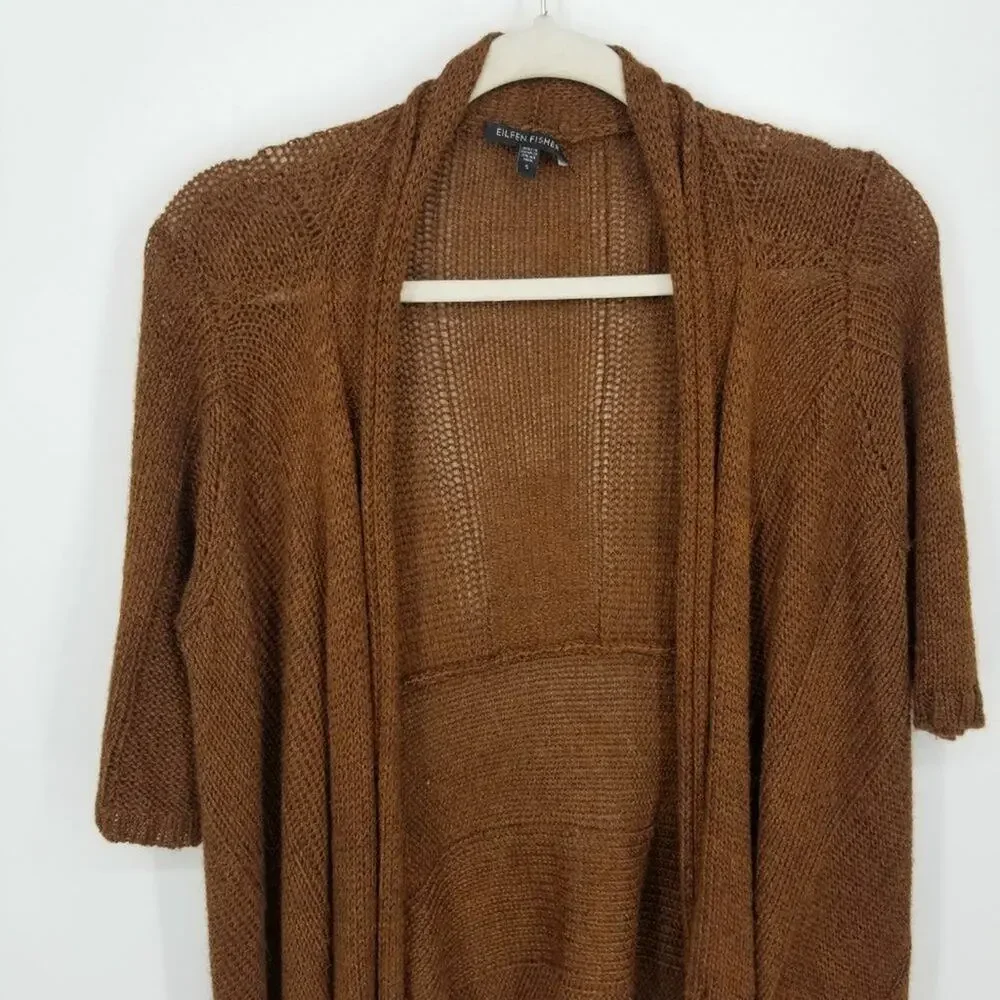Eileen Fisher Silk & Alpaca Knit Cardigan S Open Front High‎ Low Hem Brown